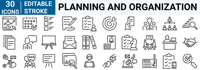 Planning and organization line web icons. Business Management, Meeting, Conference. Vector illustration. Outline icon. Editable stroke.