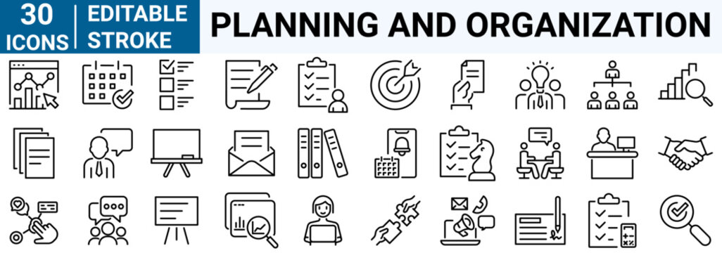 Planning and organization line web icons. Business Management, Meeting, Conference. Vector illustration. Outline icon. Editable stroke.
