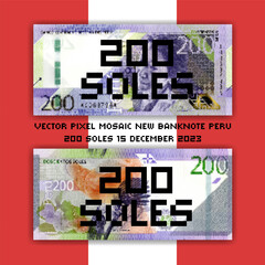 Vector new pixel mosaic banknote of Peru released into circulation on December 15, 2023. Note of 200 soles. Obverse and reverse. Play money or flyer.