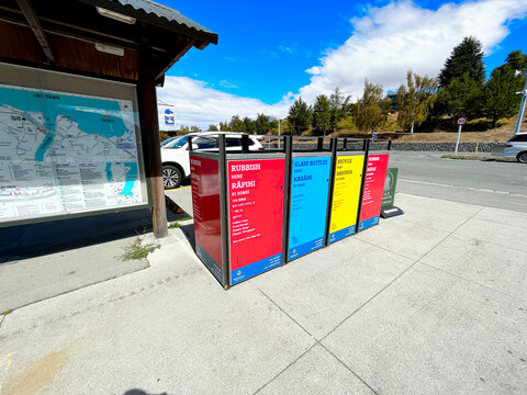 Very colorful garbade cans at Lake Tekapo, New Zealand