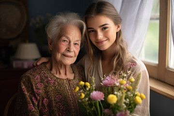 Senior woman and granddaughter smiling together with flowers.