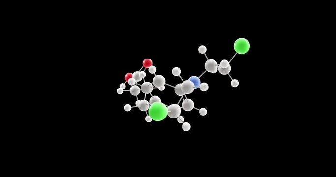 Chlorambucil molecule, rotating 3D model of antineoplastic agents, looped video on a black background
