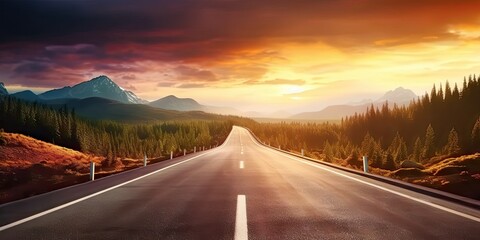 Journey through captivating landscape road stretches endlessly toward horizon. Sun bids farewell on highway of sky breathtaking sunset unfolds. Travel concept - obrazy, fototapety, plakaty