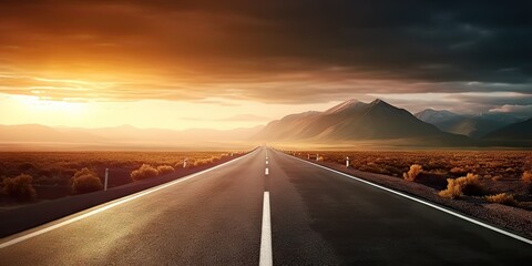 Journey through captivating landscape road stretches endlessly toward horizon. Sun bids farewell on highway of sky breathtaking sunset unfolds. Travel concept