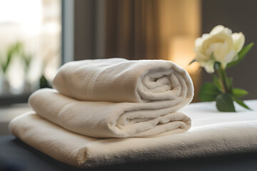 Obraz na płótnie Canvas Towels on a Massage Bed, Creating a Relaxing and Calm Atmosphere in a Serene Spa Setting.