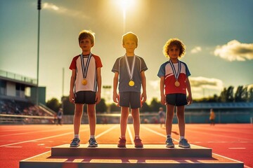 Group of child athletes with medals standing on podium on stadium track and looking at camera on sunny day. Young children athletes stand on the podium with medals. Children's Sports Olympiad - obrazy, fototapety, plakaty