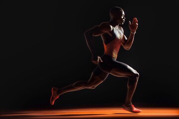 Full length portrait of muscular African American male athlete running on black background.