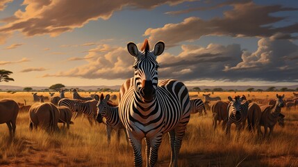 Diverse group of wild animals, including zebras, antelopes, and wildebeests, migrating across the endless Serengeti plains in search of fresh grazing grounds. - Powered by Adobe