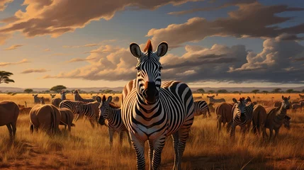Photo sur Aluminium Zèbre Diverse group of wild animals, including zebras, antelopes, and wildebeests, migrating across the endless Serengeti plains in search of fresh grazing grounds.