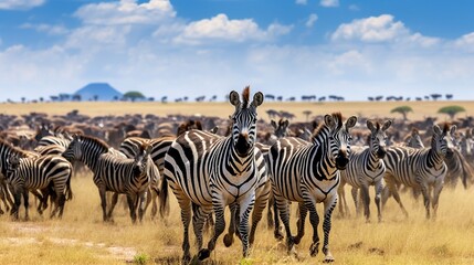 Diverse group of wild animals, including zebras, antelopes, and wildebeests, migrating across the endless Serengeti plains in search of fresh grazing grounds. - obrazy, fototapety, plakaty