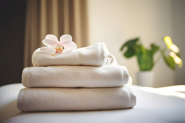 Fototapeta na wymiar Towels on a Massage Bed, Creating a Relaxing and Calm Atmosphere in a Serene Spa Setting.