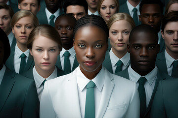 Portrait of diverse business people in white and green suits