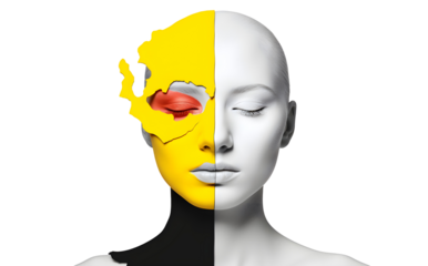 Mental Health Concept. Awareness Month in May. A young woman is dealing with mental health issues. Cognitive psychology or psychotherapy concept, personality disorder, mental illness. Generative AI.