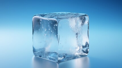 Ice cube on a blue background. Frozen water.