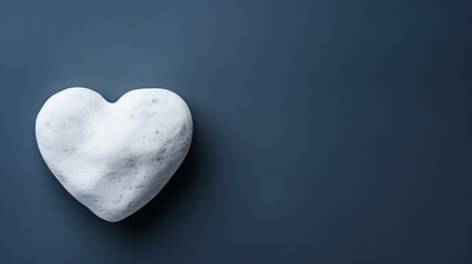 Fototapeta premium Top View of a White Stone Heart on a navy blue Background. Romantic Template with Copy Space
