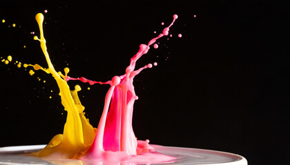 Colorful splash explosion of liquid colors on black background, copy space on a side