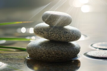 Light shining on zen stones with customizable space for text. Copy space