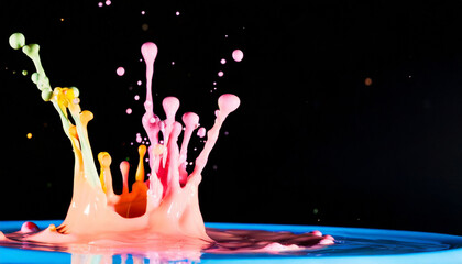 Colorful splash explosion of liquid colors on black background, copy space on a side