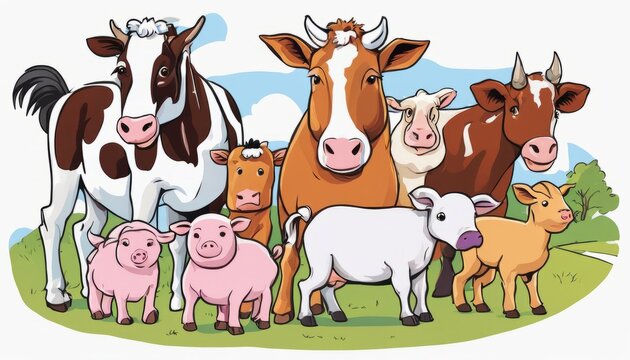 A cartoon image of cows and pigs standing together