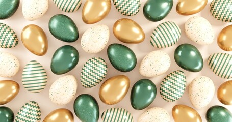 3d render golden, glitter, green and abstract geometric patterns Easter eggs background. Beautiful pastel warm colors festive banner, wallpaper background.