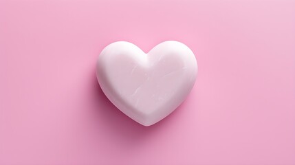 Top View of a White Stone Heart on a pink Background. Romantic Template with Copy Space