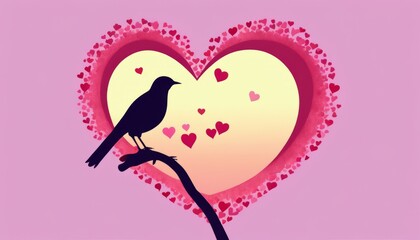 A black bird perched on a branch in front of a heart