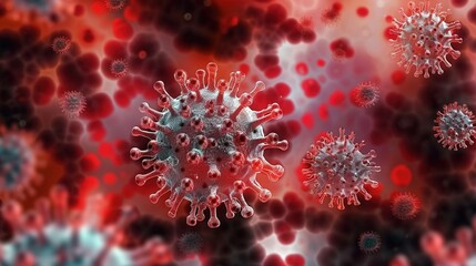 Close-up of influenza virus and coronavirus in the body. Medical concept of scientific research in virology and microbiology