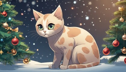 A cat sitting in the snow next to a Christmas tree