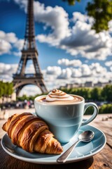 A white cup of coffee with croissant on the background of the Eiffel Tower at noon. France, vacation.