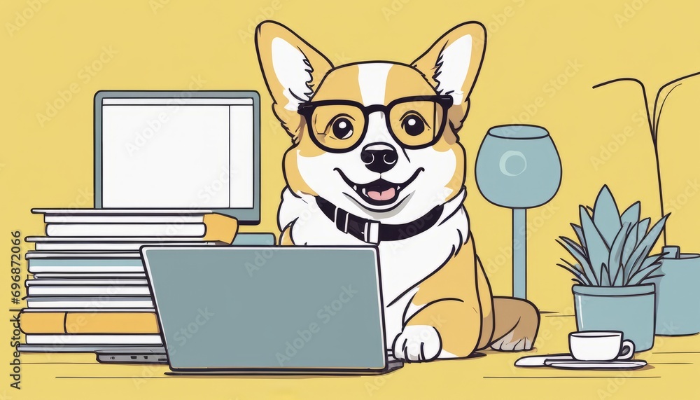 Canvas Prints A cute dog wearing glasses sitting at a desk with a laptop