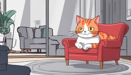 A cartoon cat sitting on a red chair