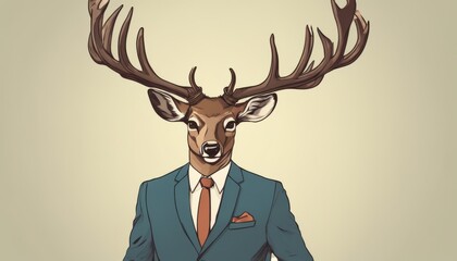 A man in a suit with a deer head on top