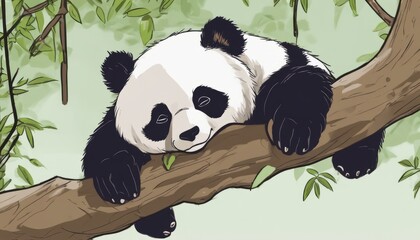 A panda bear is laying on a tree branch
