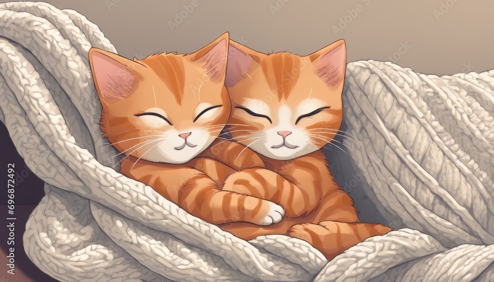 Wall mural Two orange tabby cats sleeping together on a blanket