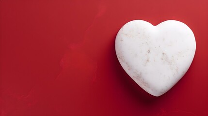 Top View of a White Stone Heart on a red Background. Romantic Template with Copy Space