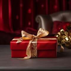 Christmas red gift box with gold ribbon ai generated