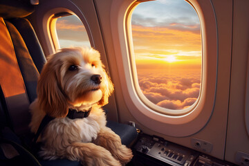 cute fluffy red ginger dog sitting on airplane seat by window traveling and flying with pets concept - obrazy, fototapety, plakaty