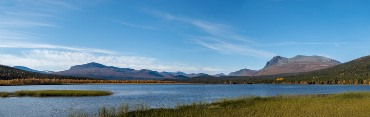 Panoramic View of Miertekjaure Lake in Kvikkjokk in autumn, Lapland, Sweden