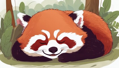 A red and white panda bear sleeping in the woods