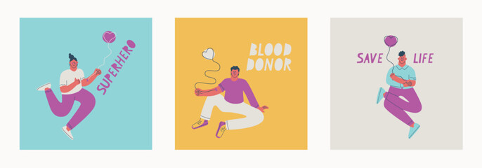 Set of blood donation illustrations. Slogans - Blood Donor, Save Life, Superhero. Cute characters donating blood. - obrazy, fototapety, plakaty