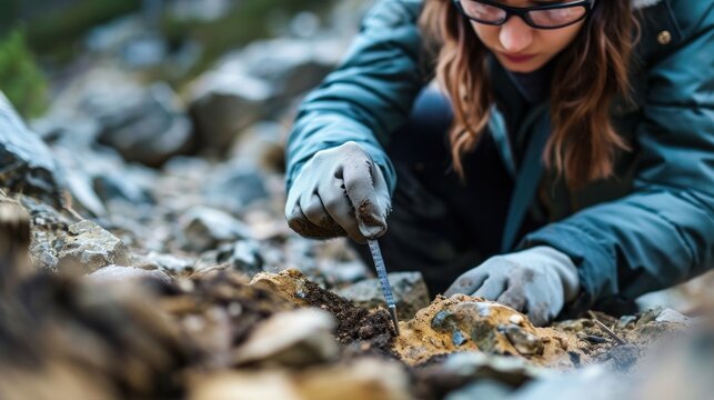 Woman Geologist studies rocks, banner