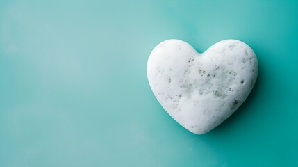 Obraz premium Top View of a White Stone Heart on a turquoise Background. Romantic Template with Copy Space
