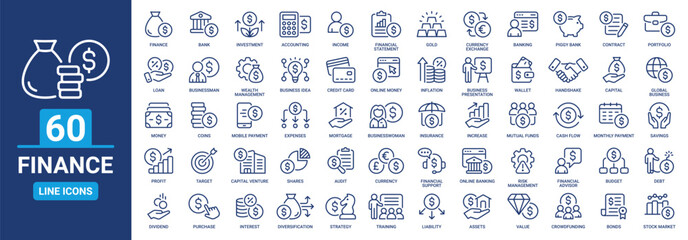 Finance icon set. Containing banking, Investment, income, accounting, money, loan, audit, financial and more. Vector outline icons collection. - obrazy, fototapety, plakaty