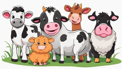 A group of animals, including a cow, sheep, and a dog, are standing together in a field