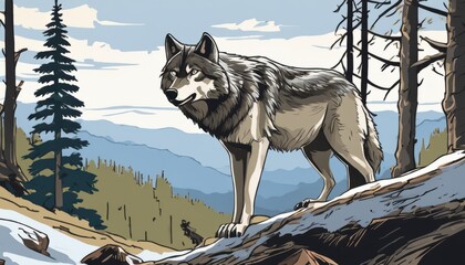A wolf standing on a rocky hillside
