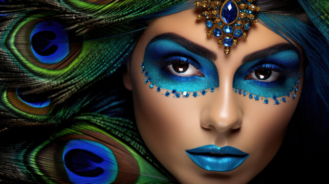 Close-up portrait of beautiful woman with carnival mask. Sexy Girl with Holiday Makeup and blue lips. Golden Mask