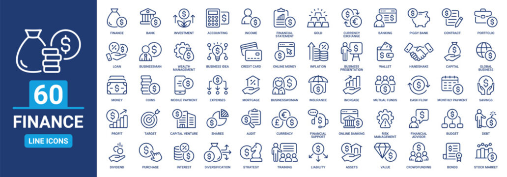 Finance icon set. Containing banking, Investment, income, accounting, money, loan, audit, financial and more. Vector outline icons collection.