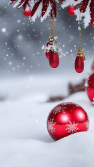 Image de Noël avec des boules de sapin rouge très brillantes avec des reflets dans la neige, de petits flocons de neige tombant
