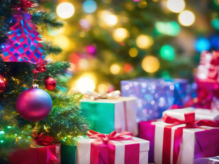 Gros plan de coffrets cadeaux de Noël colorés placés devant un arbre de Noël très lumineux en arrière-plan, beaucoup de lumières bokeh, concept de lumière de Noël.