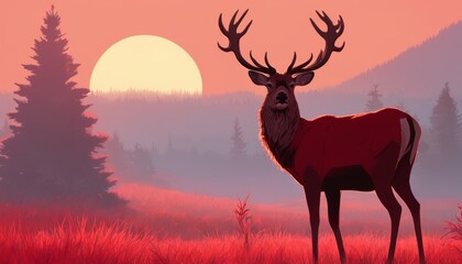 A deer with large antlers stands in a field at sunset